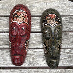 Vintage Indonesian Wood Mask Lot Hand Carved Tribal Art Painted Face Green Red